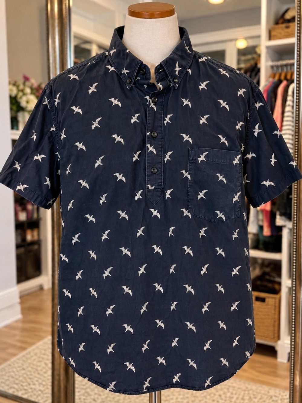 Merona Men’s XXL Navy Bird Print Cotton Popover Shirt